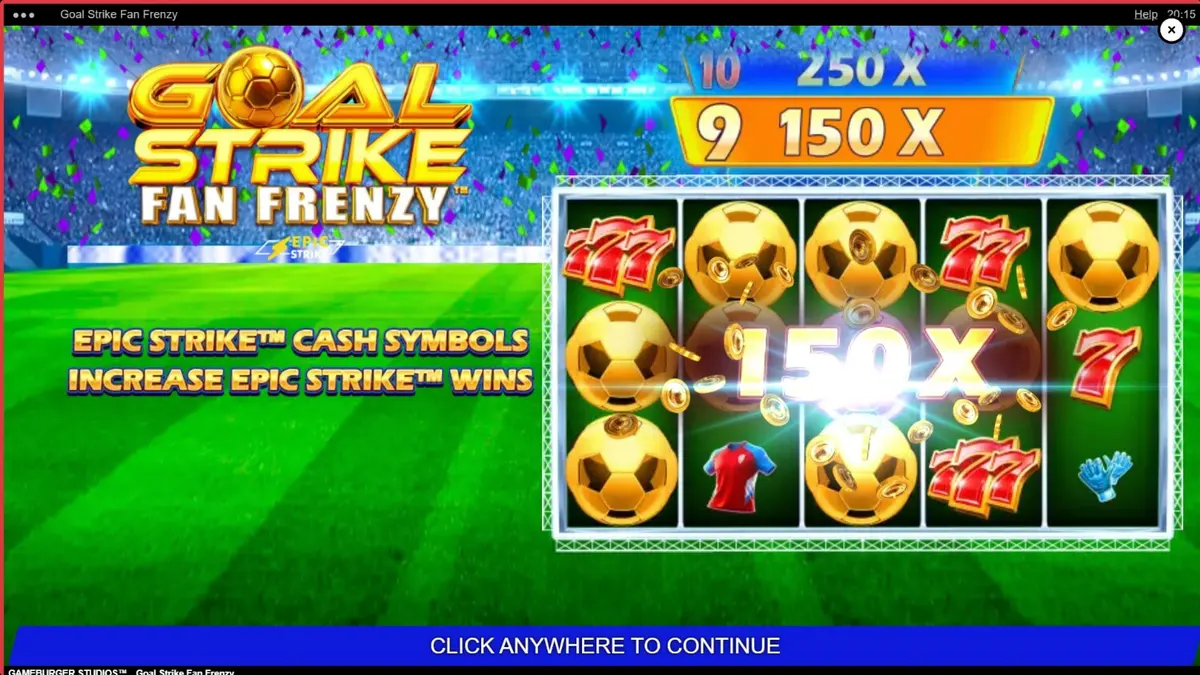 Isang makulay na stadium setting sa Goal Strike Fan Frenzy slot na may mga football symbols at fireworks.