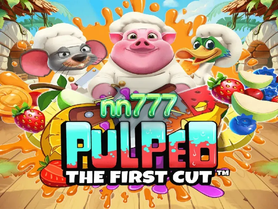 Ang makulay na interface ng Pulped: The First Cut slot na nagpapakita ng mga chef animals at prutas.